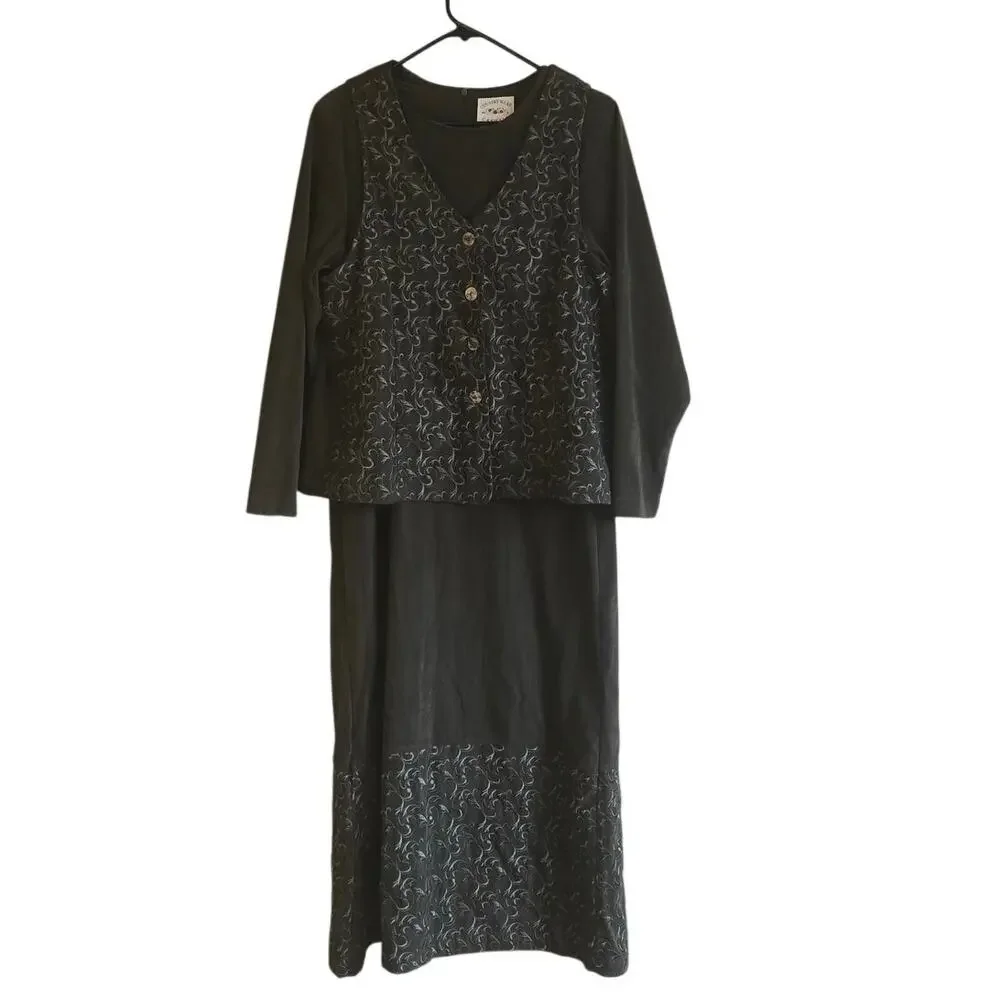 Country Wears Casual faux suede green embroidered maxi dress 2 piece set